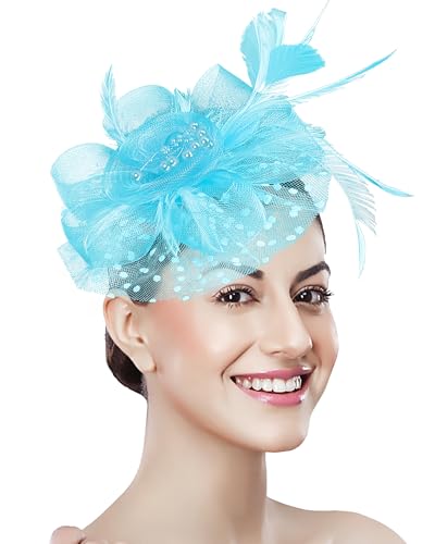 Fascinator Tea Party Hat Women 20s 50s Wedding Cocktail Flower Mesh Feathers Hair Clip for Carnival Halloween - color: A-lake Blue