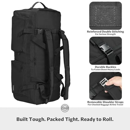 STOVER 45/80/100L U-Zip Rolling Duffel Bag with Wheels, X-Large Durable Travel Duffle + Toiletry Bag, Lay-Flat Opening, Packable w/Shoulder Straps- Use as Luggage or Backpack, Men/Women (Black) - color: U-Zip Voyager Black