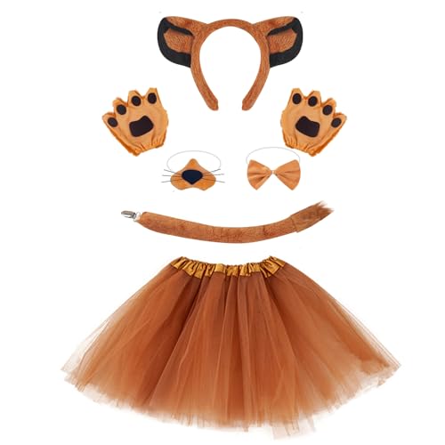 Lion Costume Accessories Set, Brown Tutu Skirt with Lion Ears Headband, Tail, Paw Gloves, Nose and Bow Tie for Halloween Cosplay
