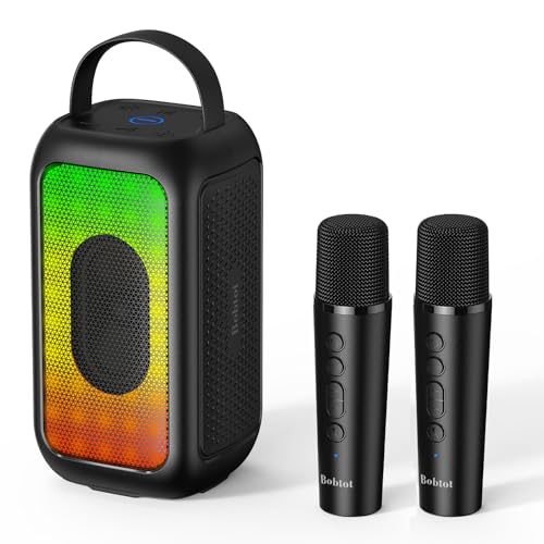 Bobtot Portable Bluetooth Speaker with 2 Mics, 16H Playtime, Black | Karaoke Speakers Singing Machine with 2 Wireless Microphones, Magic Sound, Echo, EQ Mode - color: Black, size: With 2 Mics