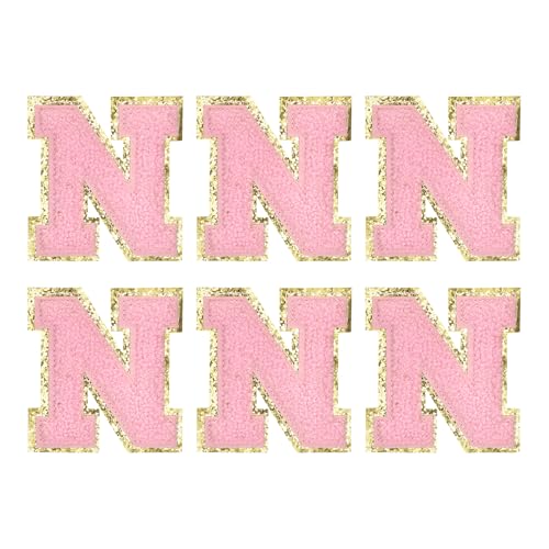 MECCANIXITY Chenille Letter Patches 2.2" Self Adhesive Alphabet N Stick on Embroidered Patch Sew on Letter Stickers Applique for Repairing Clothing Jeans Shoes Hats DIY(Pink, Pack of 6) - style: Letter-N