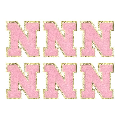 MECCANIXITY Chenille Letter Patches 2.2" Self Adhesive Alphabet N Stick on Embroidered Patch Sew on Letter Stickers Applique for Repairing Clothing Jeans Shoes Hats DIY(Pink, Pack of 6) - style: Letter-N