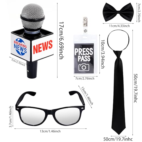 5Pcs News Reporter Costume Accessories, Fake News Microphone Prop Press Pass Glasses Tie Bowtie Set for Halloween Dress Up Career Day Party