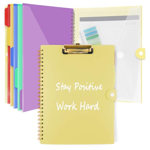 Clipboard Folio with Notepad, Multifunctional Clipboard Folder with Storage, 5 Folders with 11 Pockets, Waterproof Organizer with Refillable Notepad 40 Page, Lightweight, Button Closure(Macron Yellow) - color: Macron Yellow