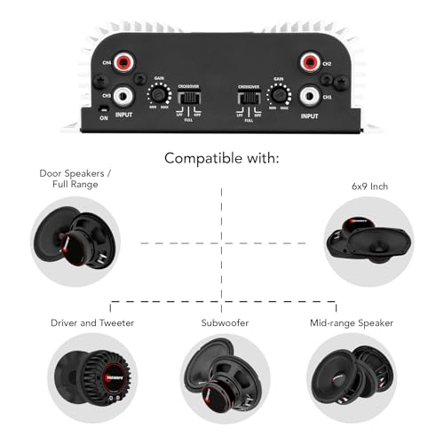 Taramps TS 400x4 400 watts RMS 4 Channels Full Range Car Audio Amplifier, 2 Bridged Channels, RCA Input Class D, Output Power, Multichannel Amplifier System, Small - TS400X4 | Bridgeable outputs, built-in HPF/LPF crossovers and RCA inputs provide flexible