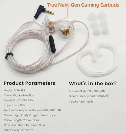 HJX QKZ AK6 SRS Wired IEM for Gaming Earbuds with MIC, in Ear Monitor Headphones, Deep Bass Sound, 1DD 11mm Dynamic Driver, IEM for Music Video Calling (Transparent) - color: transparent