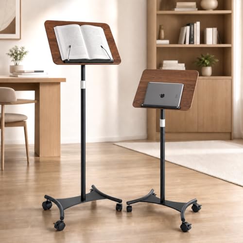 Rolling Book Stand with Wheels, Adjustable Sheet Music & Reading Stand - color: Walnut Black