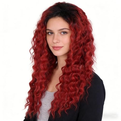 Womens Long Curly Wig Vibrant Red to Black Ombre, Full Voluminous Curls - color: Ombre Red