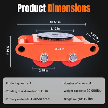 10Ton Machinery Mover & Furniture Dolly - 4 Pack Skate Dolly for Safes & Appliances, 20,000Lbs Machinery Skate with Non-Slip Cap, Heavy Furniture Moving Dolly Kit