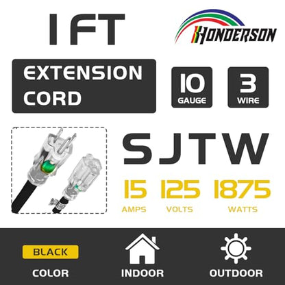 1 Ft Black Outdoor Extension Cord with Lighted End Weatherproof 10 Gauge | UL Certified 10/3 SJTW Cable, 15A Rated, Suitable for Outdoor Lighting, Lawn Equipment and Tools - size: 1FT, style: 10/3