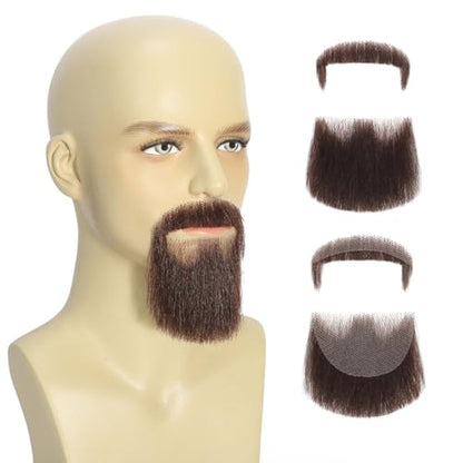 Parceria Fake Mustache Realistic Beard, Human Hair Full Hand Tied Lace Invisible Facial Hair, Natural Looking Fake Beard Goatee for Men's Cosplay, Halloween Costumes (LT Brown Beard) - color: LT Brown Beard