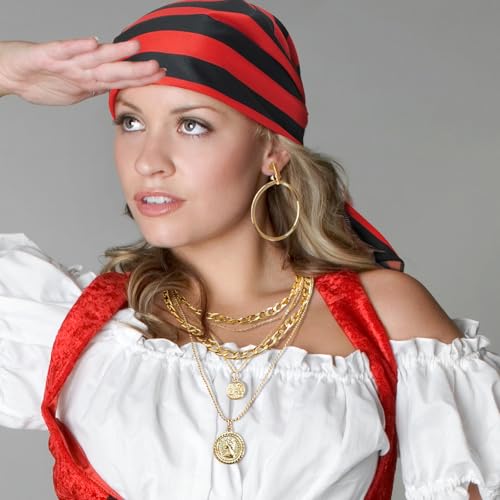 Women Pirate Costume Accessories Set|Headscarf Wrap Hat Sash Belt Cosplay Outfit With Stainless Steel Earring Necklace - style: 6 Pcs Pirate Set