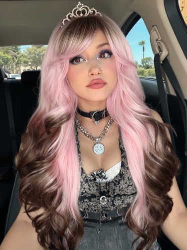 WIGER Long Wavy Wig With Bangs Pink Romantic Curly Hair With Brown Roots and Ends Synthetic Layered Curly Hair Ombre Pink Wig for Women Daily or Costumes - color: Pink Ombre Brown