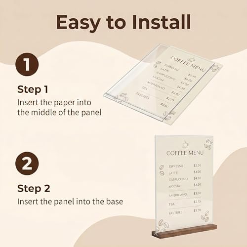 Acrylic Sign Holder 8.5 x 11 with Wooden Base, Double-Sided Horizontal Menu Display Stand, T-Shape Clear Paper Holder for Restaurant Cafe Office Wedding, 3 Pack