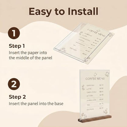 Acrylic Sign Holder 8.5 x 11 with Wooden Base, Double-Sided Horizontal Menu Display Stand, T-Shape Clear Paper Holder for Restaurant Cafe Office Wedding, 3 Pack