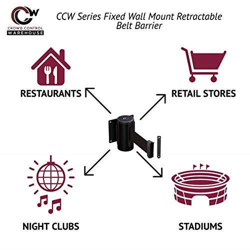 Crowd Control Warehouse Wall Mount Retractable Belt Barrier, 11' Black Belt | CCW Series WMB-125 Fixed Design with Black Steel Case, Anti-snapback Slow-retracting Brake and Universal Belt End. - color: Black, size: Solid Color