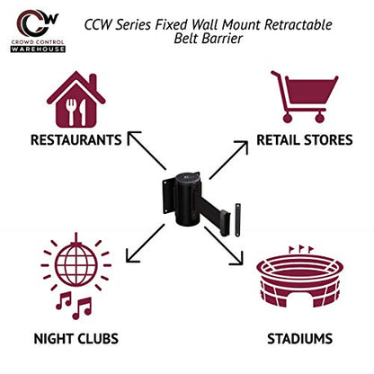 Crowd Control Warehouse Wall Mount Retractable Belt Barrier, 11' Black Belt | CCW Series WMB-125 Fixed Design with Black Steel Case, Anti-snapback Slow-retracting Brake and Universal Belt End. - color: Black, size: Solid Color