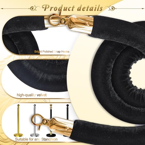 2PCS Black Velvet Stanchion Rope 5 Ft Crowd Control Ropes Barrier with Gold Hooks for Party - color: Black&Gold, size: 2PCS