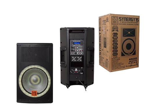 MR DJ SYNERGY15 15" Portable Bluetooth PA Speaker System 4500W Bluetooth Speaker Portable PA System with Microphone input, Party Lights, MP3/USB SD Card Reader, Rolling Wheels