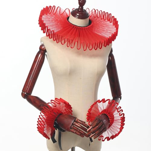 Renaissance Victorian Ruffle Collar and Wrist Cuffs Set Organza Colonial Clown Choker Neck Collar Cuff - color: Z Style a Red
