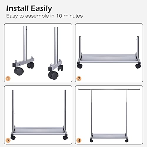MISSLO Short Clothing Racks for Hanging Clothes with Bottom Shelves and Wheels Heavy Duty Rolling Clothes Rack Kids Clothing Rack for Adult Coat, Closet, Wardrobe - color: Silver