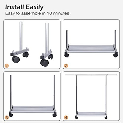 MISSLO Short Clothing Racks for Hanging Clothes with Bottom Shelves and Wheels Heavy Duty Rolling Clothes Rack Kids Clothing Rack for Adult Coat, Closet, Wardrobe - color: Silver