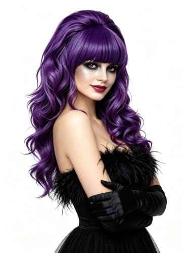 Rugelyss Long Wavy Purple Mixed Black Wigs for Women Fashion Synthetic Full Head Hair Wig with Bang and Bun for Cosplay Costume or Halloween Party - color: purple black