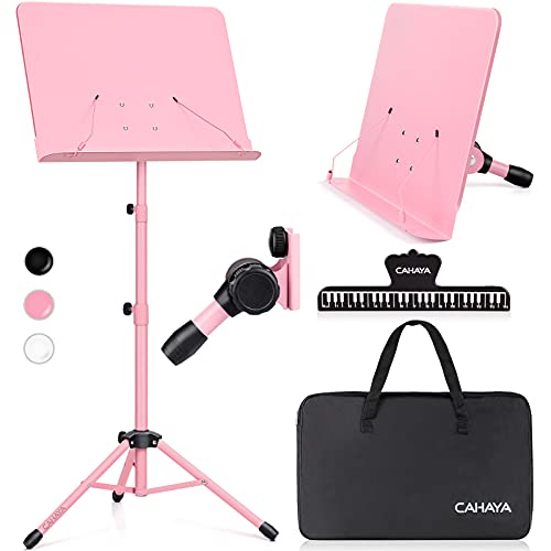 CAHAYA Sheet Music Stand Dual-use Converts to Desktop Stand Adjustable Pink | Portable Foldable 31.4-57" Height Adjustable Sturdy to Hold Thick Book or Tablet Include Carrying Bag Sheet Music Folder Clip - color: Pink, size: Standard Version