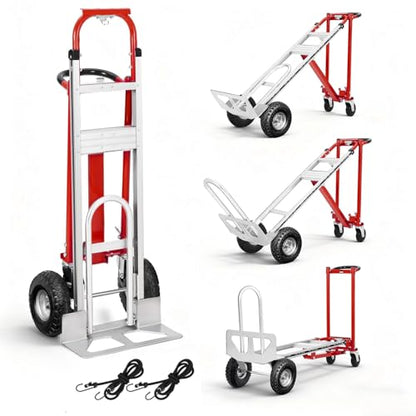 Aluminum 4 in 1 Convertible Hand Truck Dolly, 1000Lbs Capacity, Heavy Duty Folding Hand Truck Dolly Cart with Wheels 10" All-Terrain Tires, Hand Trucks for Logistics, Home, Office, School, Red - color: Red