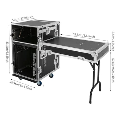 12U PA DJ Pro Audio Rack Road Case w/Slant Mixer Top, Heavy Duty Mobile Studio Equipment Cabinet, Network and Stereo Rack DJ Mixer Rack for Mixers & Live Sound - size: 12U / Side Tables