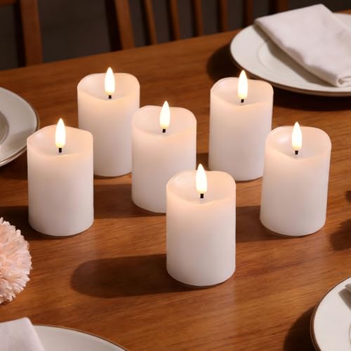 White Flameless Votive Candles with Remote Batteries Set of 6 | 2x3 inch Small Flickering LED Pillar Candles, Battery Powered, Real Wax Coating, Home Table Shelf Decor - color: White