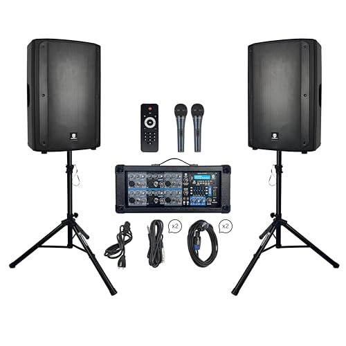 PRORECK Delta 156 2000W Bluetooth PA Speaker System with 6-Channel Powered Mixer, 2 15-Inch Passive Speakers, Stands, Reverb Effects, 15V Phantom Power. Perfect for DJs, Bands, Karaoke, Live Events. - size: 15"+6 channel mixer