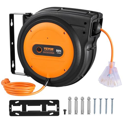 VEVOR Retractable Extension Cord Reel, 80 FT, Heavy Duty 12AWG/3C SJTOW Retractable Power Cord with Lighted Triple Tap Outlet, 15 Amp Circuit Breaker 180° Swivel Bracket for Ceiling or Wall Mount | 15A Circuit Breaker, with Lighted Triple Tap Outlet, 180°