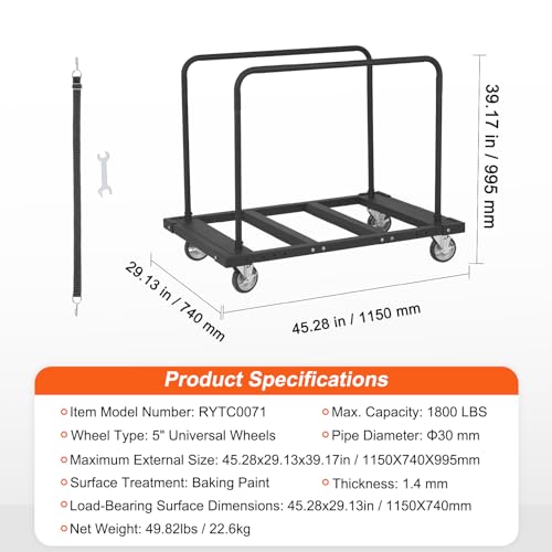 VEVOR Folding Table Cart, Heavy Duty Table Trolley with 5" Swivel Wheels, 1800 LBS Drywall Dolly Cart for Garage, Home, Warehouse, Party Event Hotel Furniture 10 Table Capacity | 1800 LBS Steel Drywall Dolly Cart for Garage, Home, Warehouse, Party Event H