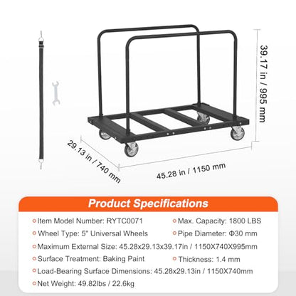 VEVOR Folding Table Cart, Heavy Duty Table Trolley with 5" Swivel Wheels, 1800 LBS Drywall Dolly Cart for Garage, Home, Warehouse, Party Event Hotel Furniture 10 Table Capacity | 1800 LBS Steel Drywall Dolly Cart for Garage, Home, Warehouse, Party Event H