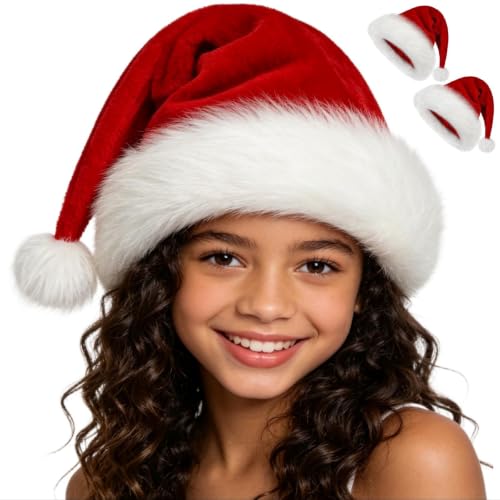 Christmas Hat for Adults/Kids/Baby, Santa Hats Unisex, Red Velvet Thicken Holiday Xmas Hat for Festive New Year Party - color: Red+white - 2pcs