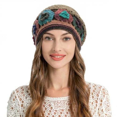 ZLYC Women Cotton Crochet Slouchy Beanie Hat Handmade Knit Summer Skull Cap | Lightweight breathable,boho casual chic look,travel photos festival party,café commute daily wear,beach concert gathering - color: Colorful Flower Tan