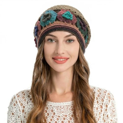 ZLYC Women Cotton Crochet Slouchy Beanie Hat Handmade Knit Summer Skull Cap | Lightweight breathable,boho casual chic look,travel photos festival party,café commute daily wear,beach concert gathering - color: Colorful Flower Tan