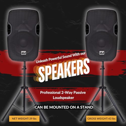 MUSYSIC 15 Inch Passive PA Speaker - 1200W Peak Power Professional | DJ Loudspeaker with Titanium Driver, ABS Cabinet, Flyable & Stand Mountable for Live Sound, Church, Events & Mores - size: 15 Inch 1200W