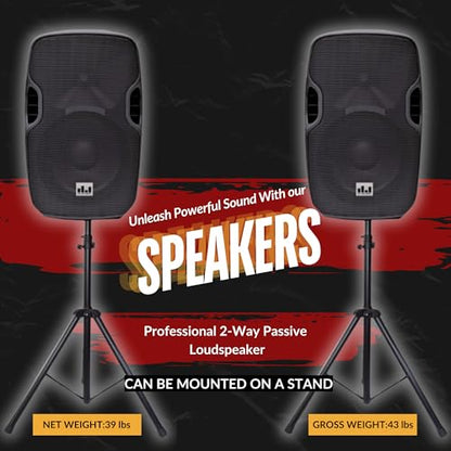 MUSYSIC 15 Inch Passive PA Speaker - 1200W Peak Power Professional | DJ Loudspeaker with Titanium Driver, ABS Cabinet, Flyable & Stand Mountable for Live Sound, Church, Events & Mores - size: 15 Inch 1200W