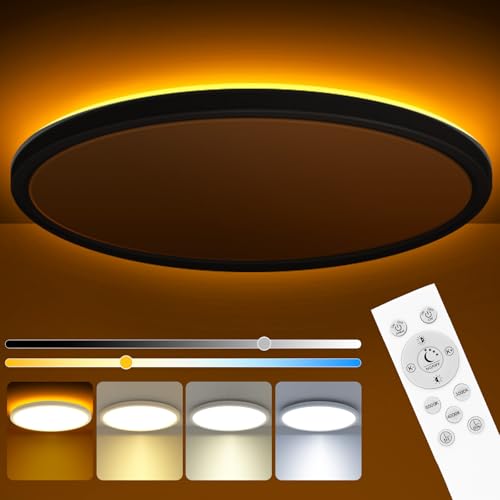 zemty 15 Inch LED Ceiling Light with Night Light 1800K, 3000K/4000K/6500K Dimmable Fixture with Remote Control, Low Profile Lighting for Bedroom Living Room Kitchen-Black - color: Black, size: 15in-1Pack