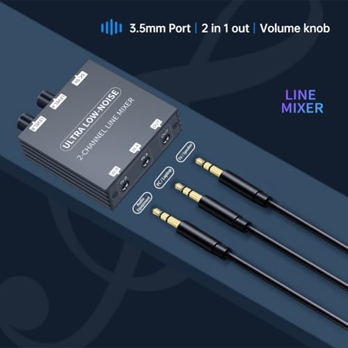 2 Channel Stereo Audio Mixer, 3.5mm Mini Audio Mixer Line Mixer, Low-Noise DC 5V Support Music Creation, Sub Mixing, Live Broadcast, As Guitars, Bass, Keyboards Mixer