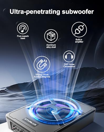 10 Inch 800W Under Seat Car Subwoofer,Full Cast Aluminum Under Seat Powered Subwoofer,Built-in Amp & APP LED Light Control,12V Universal Vehicle Subwoofer Full Installation Kit with Gift Box