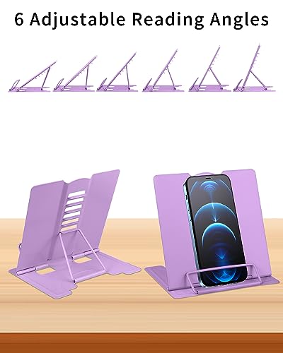 MSDADA Small Desk Book Stand Metal Reading Rest Book Holder | Adjustable Cookbook Documents Holder Portable Sturdy Bookstands for Recipes Textbooks Tablet Music Books(Purple） - color: Purple