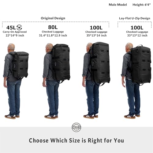 STOVER 45/80/100L U-Zip Rolling Duffel Bag with Wheels, X-Large Durable Travel Duffle + Toiletry Bag, Lay-Flat Opening, Packable w/Shoulder Straps- Use as Luggage or Backpack, Men/Women (Black) - color: U-Zip Voyager Black