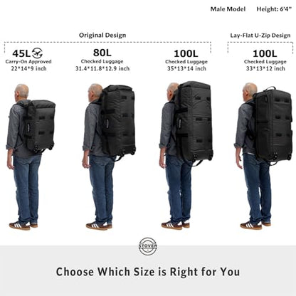STOVER 45/80/100L U-Zip Rolling Duffel Bag with Wheels, X-Large Durable Travel Duffle + Toiletry Bag, Lay-Flat Opening, Packable w/Shoulder Straps- Use as Luggage or Backpack, Men/Women (Black) - color: U-Zip Voyager Black