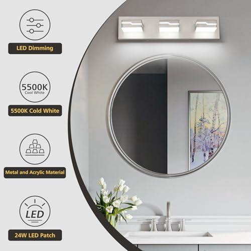 3-Light LED Bathroom Vanity Light, 19 Inch Modern Brushed Nickel | Vanity Light Fixture, Dimmable Bathroom Lighting Over Mirror with 350° Adjustable Acrylic Heads, 5500K Daylight White - color: Nickel-5500K-Dimmable, size: 3-Light, 19-inch