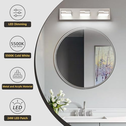 3-Light LED Bathroom Vanity Light, 19 Inch Modern Brushed Nickel | Vanity Light Fixture, Dimmable Bathroom Lighting Over Mirror with 350° Adjustable Acrylic Heads, 5500K Daylight White - color: Nickel-5500K-Dimmable, size: 3-Light, 19-inch