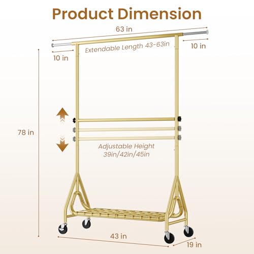 Double Rods Clothing Rack, Heavy Duty Clothes Rack for Hanging Clothes Load 560LBS, Metal Rolling Garment Racks with Wheels, Freestanding Clothes Hanging Racks, Gold - color: Gold, size: Double Rods