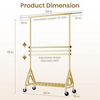 Double Rods Clothing Rack, Heavy Duty Clothes Rack for Hanging Clothes Load 560LBS, Metal Rolling Garment Racks with Wheels, Freestanding Clothes Hanging Racks, Gold - color: Gold, size: Double Rods